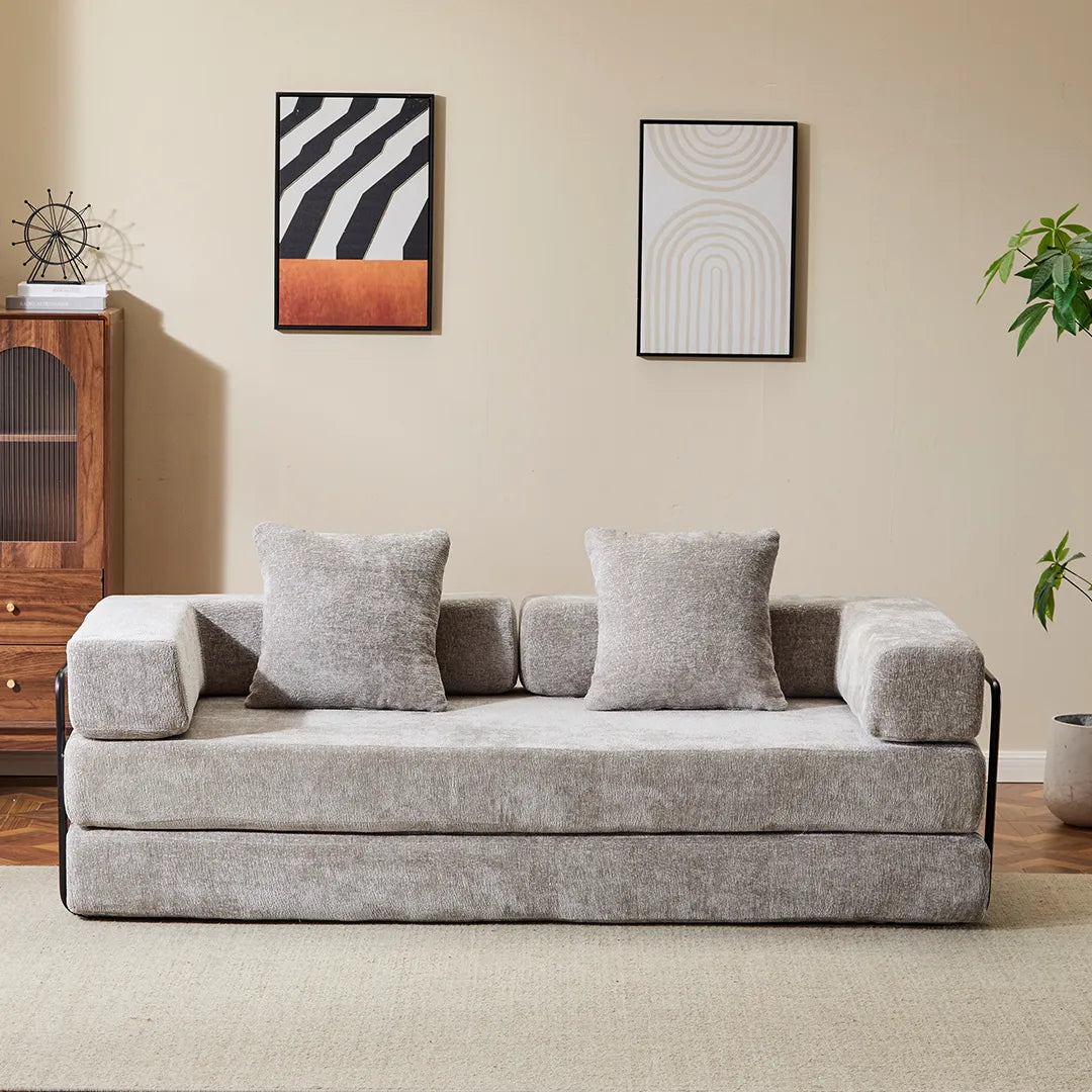 King size futon couch in small modern apartment living room light grey